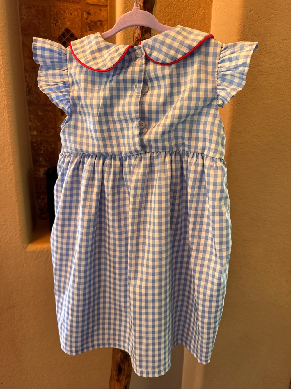 Cecil and Lou Size 6 Blue Gingham Kids Casual Dress with Red Trim - Picture 3 of 3